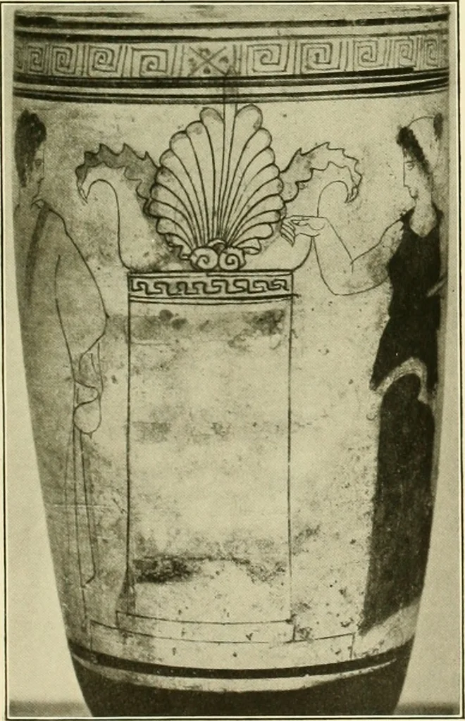 An illustration from Athenian lekythoi : with outline drawing in matt color on a white ground : appendix: additional lekythoi with outline drawing in glaze varnish on a white ground, 1914, leaf 352