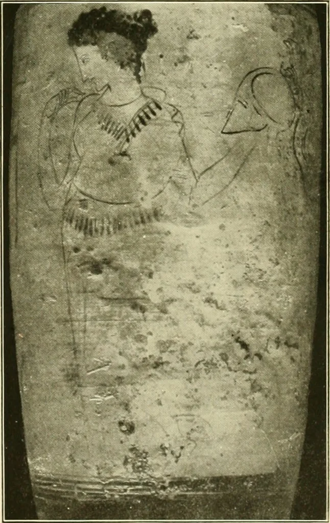 An illustration from Athenian lekythoi : with outline drawing in matt color on a white ground : appendix: additional lekythoi with outline drawing in glaze varnish on a white ground, 1914, leaf 352