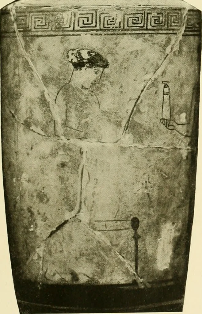 An illustration from Athenian lekythoi : with outline drawing in matt color on a white ground : appendix: additional lekythoi with outline drawing in glaze varnish on a white ground, 1914, leaf 354