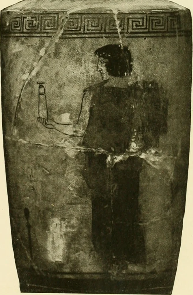An illustration from Athenian lekythoi : with outline drawing in matt color on a white ground : appendix: additional lekythoi with outline drawing in glaze varnish on a white ground, 1914, leaf 354