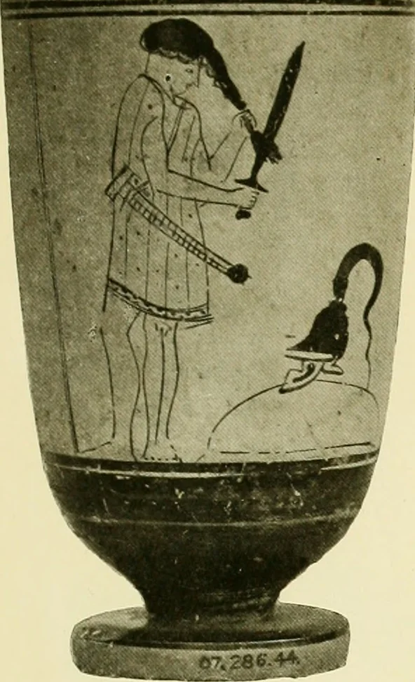 An illustration from Athenian lekythoi : with outline drawing in matt color on a white ground : appendix: additional lekythoi with outline drawing in glaze varnish on a white ground, 1914, leaf 354