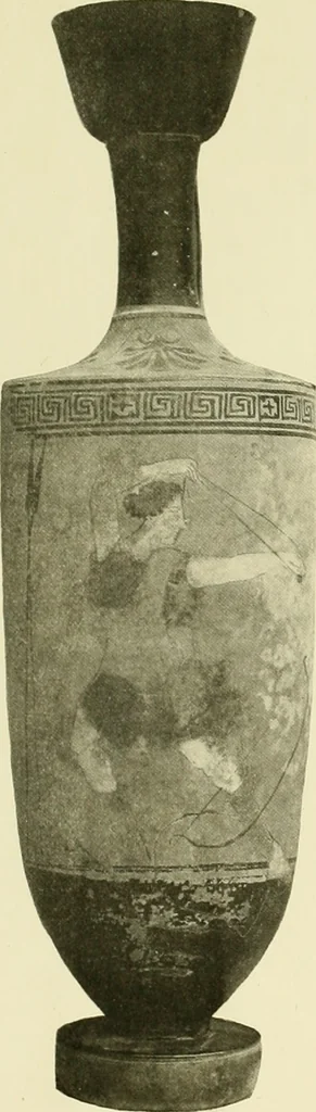 An illustration from Athenian lekythoi : with outline drawing in matt color on a white ground : appendix: additional lekythoi with outline drawing in glaze varnish on a white ground, 1914, leaf 356