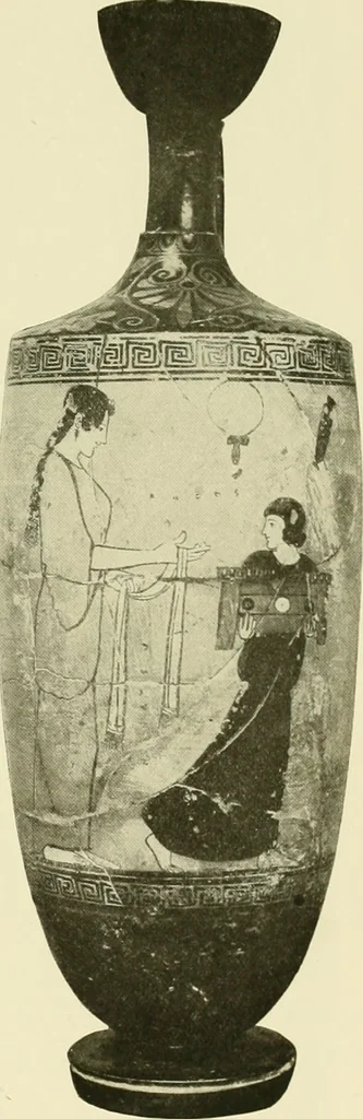 An illustration from Athenian lekythoi : with outline drawing in matt color on a white ground : appendix: additional lekythoi with outline drawing in glaze varnish on a white ground, 1914, leaf 356