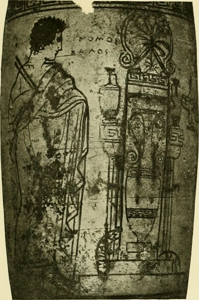 An illustration from Athenian lekythoi : with outline drawing in matt color on a white ground : appendix: additional lekythoi with outline drawing in glaze varnish on a white ground, 1914, leaf 358