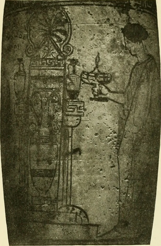 An illustration from Athenian lekythoi : with outline drawing in matt color on a white ground : appendix: additional lekythoi with outline drawing in glaze varnish on a white ground, 1914, leaf 358