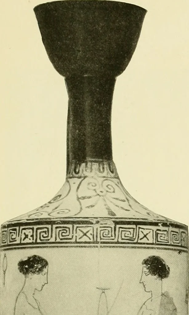 An illustration from Athenian lekythoi : with outline drawing in matt color on a white ground : appendix: additional lekythoi with outline drawing in glaze varnish on a white ground, 1914, leaf 360