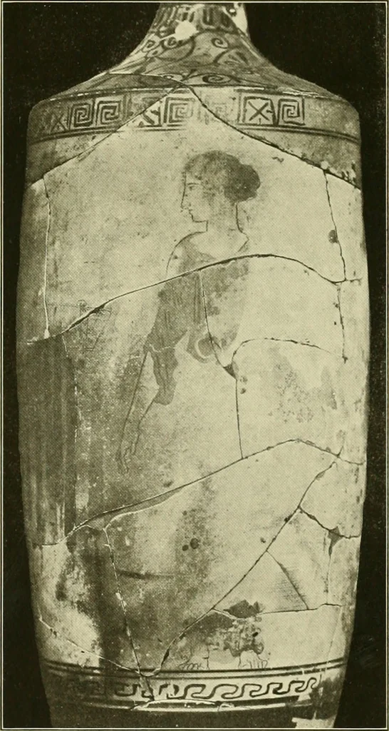An illustration from Athenian lekythoi : with outline drawing in matt color on a white ground : appendix: additional lekythoi with outline drawing in glaze varnish on a white ground, 1914, leaf 362