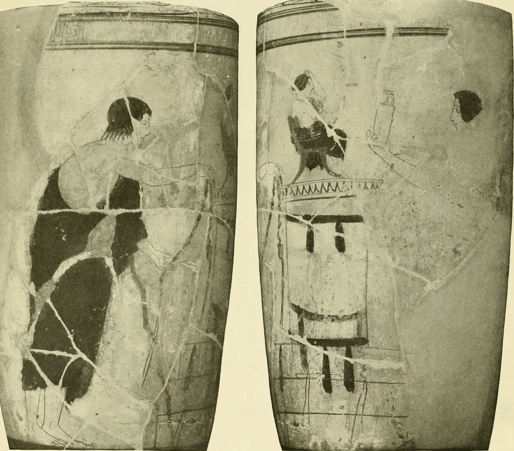 An illustration from Athenian lekythoi : with outline drawing in matt color on a white ground : appendix: additional lekythoi with outline drawing in glaze varnish on a white ground, 1914, leaf 364