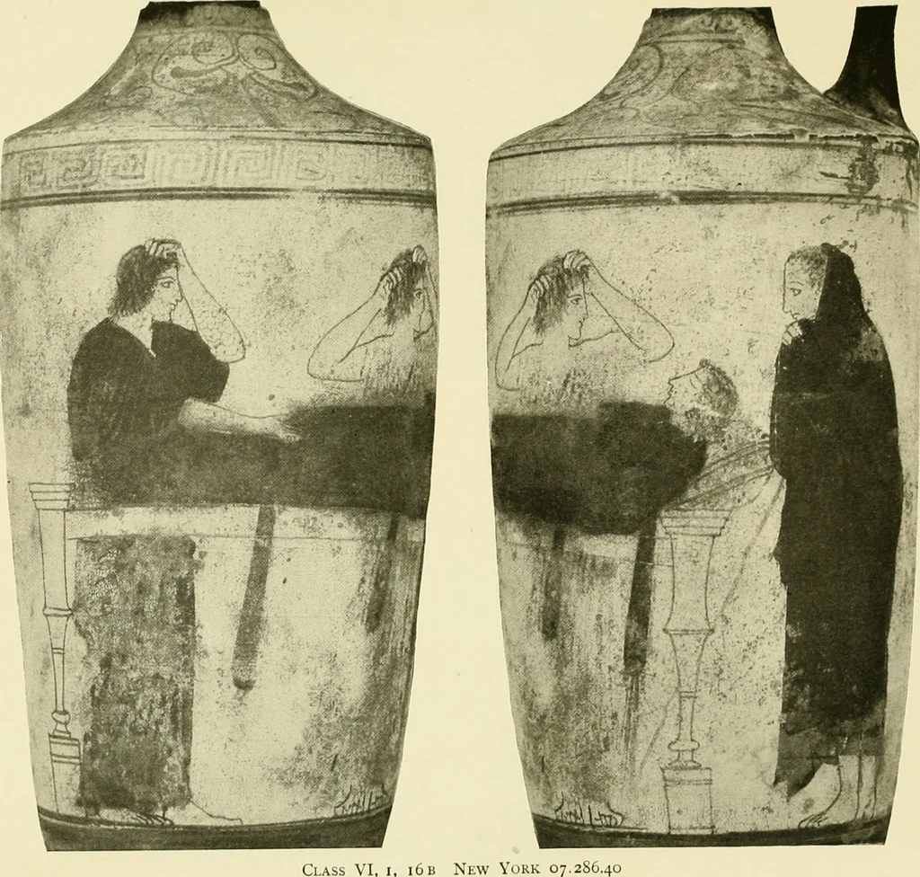 An illustration from Athenian lekythoi : with outline drawing in matt color on a white ground : appendix: additional lekythoi with outline drawing in glaze varnish on a white ground, 1914, leaf 366