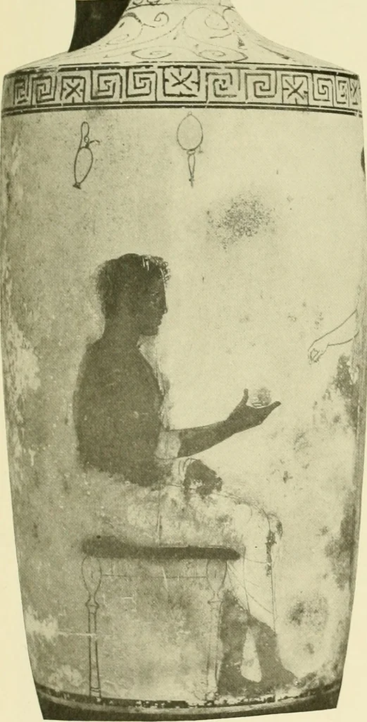 An illustration from Athenian lekythoi : with outline drawing in matt color on a white ground : appendix: additional lekythoi with outline drawing in glaze varnish on a white ground, 1914, leaf 368