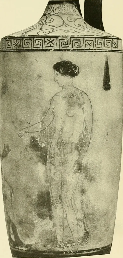 An illustration from Athenian lekythoi : with outline drawing in matt color on a white ground : appendix: additional lekythoi with outline drawing in glaze varnish on a white ground, 1914, leaf 368