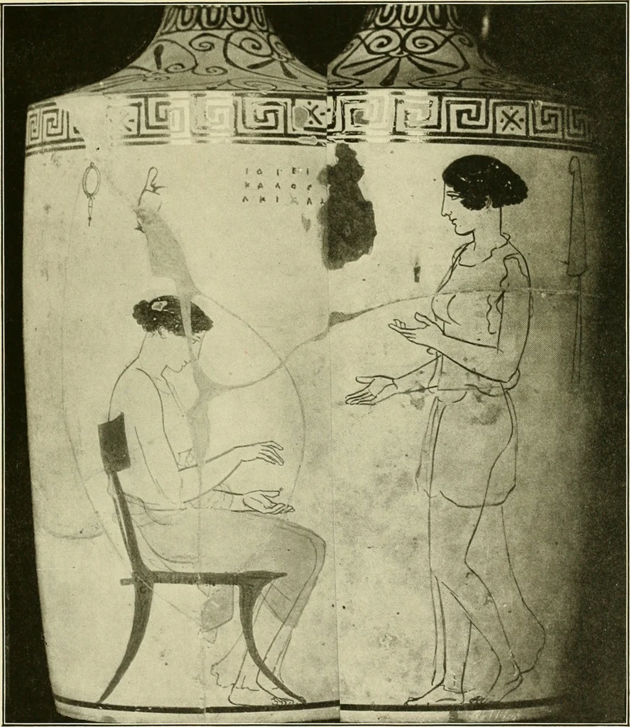 An illustration from Athenian lekythoi : with outline drawing in matt color on a white ground : appendix: additional lekythoi with outline drawing in glaze varnish on a white ground, 1914, leaf 370