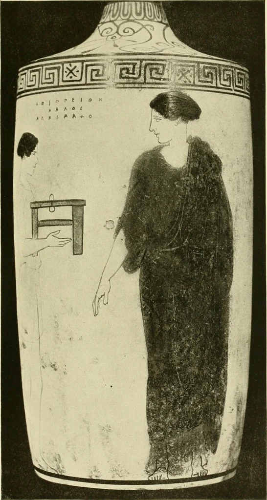 An illustration from Athenian lekythoi : with outline drawing in matt color on a white ground : appendix: additional lekythoi with outline drawing in glaze varnish on a white ground, 1914, leaf 372