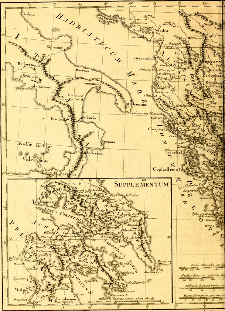 An illustration from Atlas encyclopédique : contenant la géographie ancienne, et quelques cartes sur la géographie du moyen âge, la géographie moderne, et les cartes relatives à la géographie physique, 1787, leaf 103