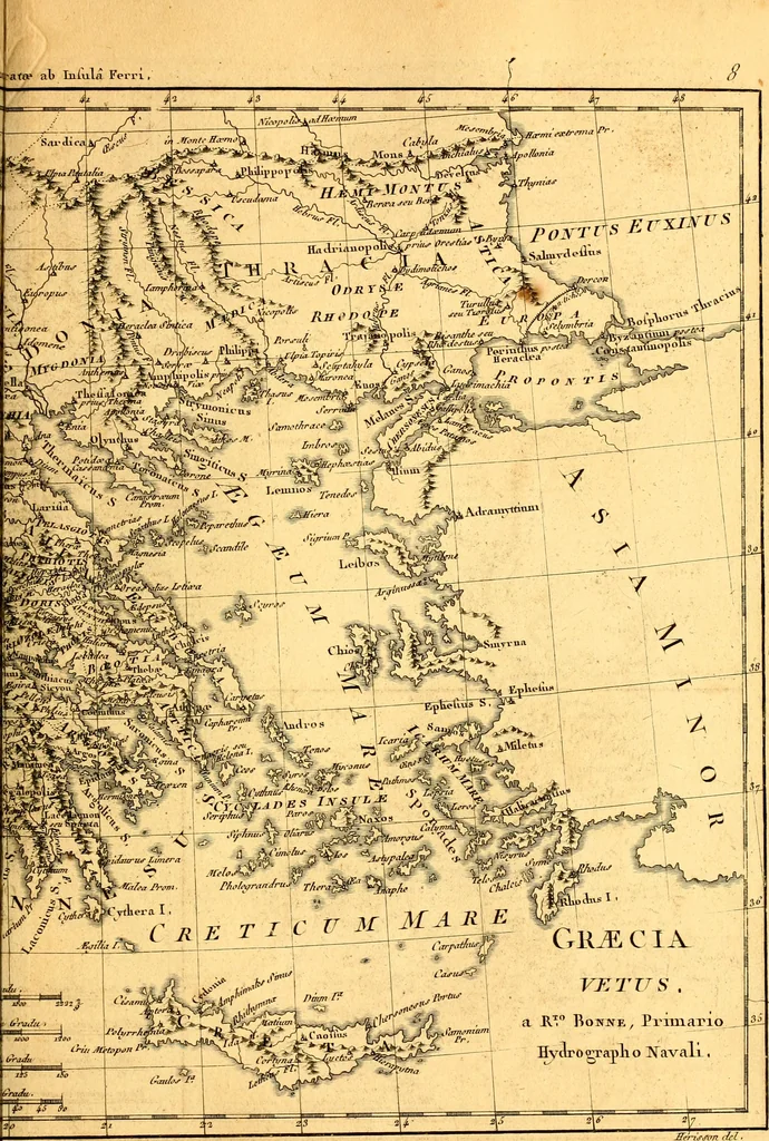 An illustration from Atlas encyclopédique : contenant la géographie ancienne, et quelques cartes sur la géographie du moyen âge, la géographie moderne, et les cartes relatives à la géographie physique, 1787, leaf 104
