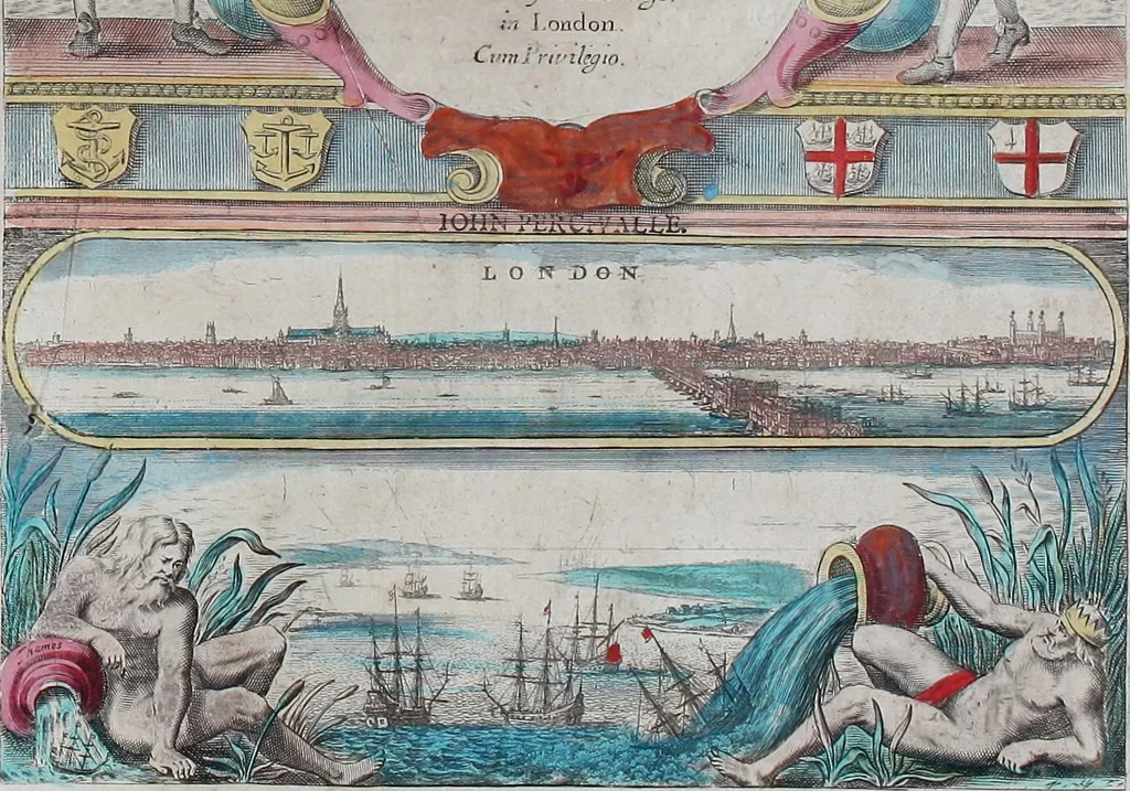 An illustration from Atlas maritimus, or A book of charts : Describeing the sea coasts capes headlands sands shoals rocks and dangers the bayes roads harbors rivers and ports, in most of the knowne parts of the world. With the true courses and distances, from one place to another : Gathered from the latest and best discoveryes, that have bin made by divers able and experienced navigators of our English nation : Accomodated with an hydrographicall description of the whole world, 1672, leaf 12