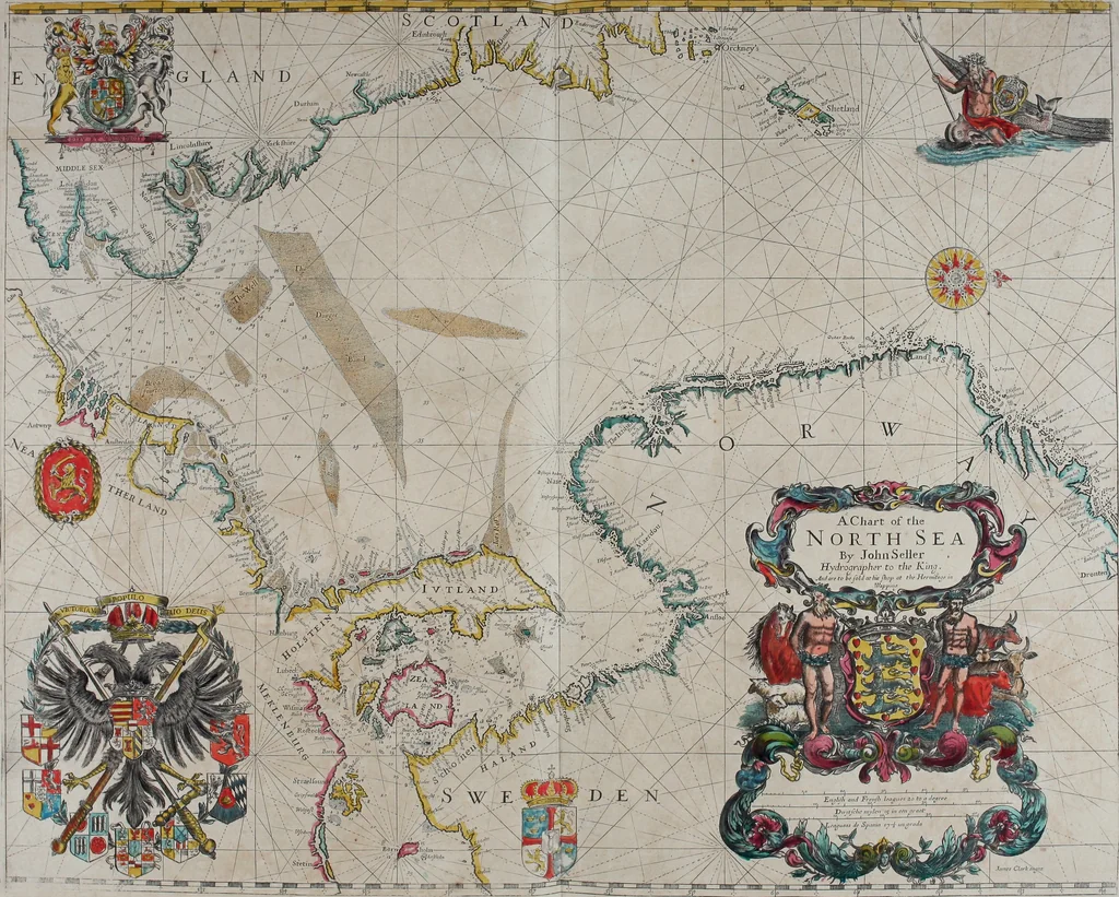An illustration from Atlas maritimus, or A book of charts : Describeing the sea coasts capes headlands sands shoals rocks and dangers the bayes roads harbors rivers and ports, in most of the knowne parts of the world. With the true courses and distances, from one place to another : Gathered from the latest and best discoveryes, that have bin made by divers able and experienced navigators of our English nation : Accomodated with an hydrographicall description of the whole world, 1672, leaf 30