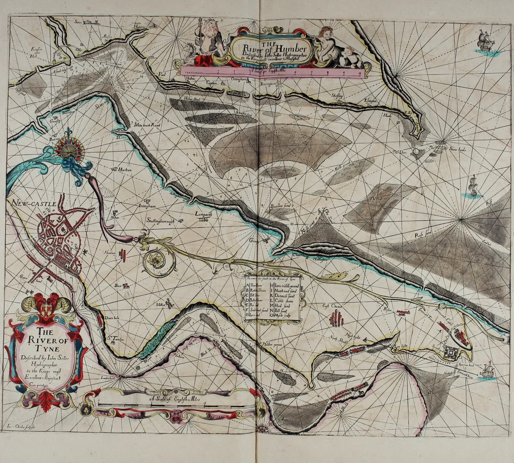 An illustration from Atlas maritimus, or A book of charts : Describeing the sea coasts capes headlands sands shoals rocks and dangers the bayes roads harbors rivers and ports, in most of the knowne parts of the world. With the true courses and distances, from one place to another : Gathered from the latest and best discoveryes, that have bin made by divers able and experienced navigators of our English nation : Accomodated with an hydrographicall description of the whole world, 1672, leaf 36