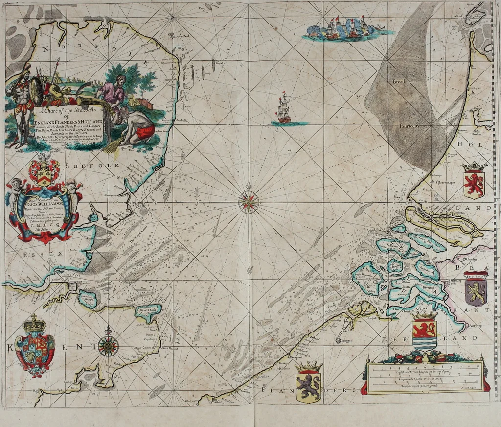 An illustration from Atlas maritimus, or A book of charts : Describeing the sea coasts capes headlands sands shoals rocks and dangers the bayes roads harbors rivers and ports, in most of the knowne parts of the world. With the true courses and distances, from one place to another : Gathered from the latest and best discoveryes, that have bin made by divers able and experienced navigators of our English nation : Accomodated with an hydrographicall description of the whole world, 1672, leaf 38