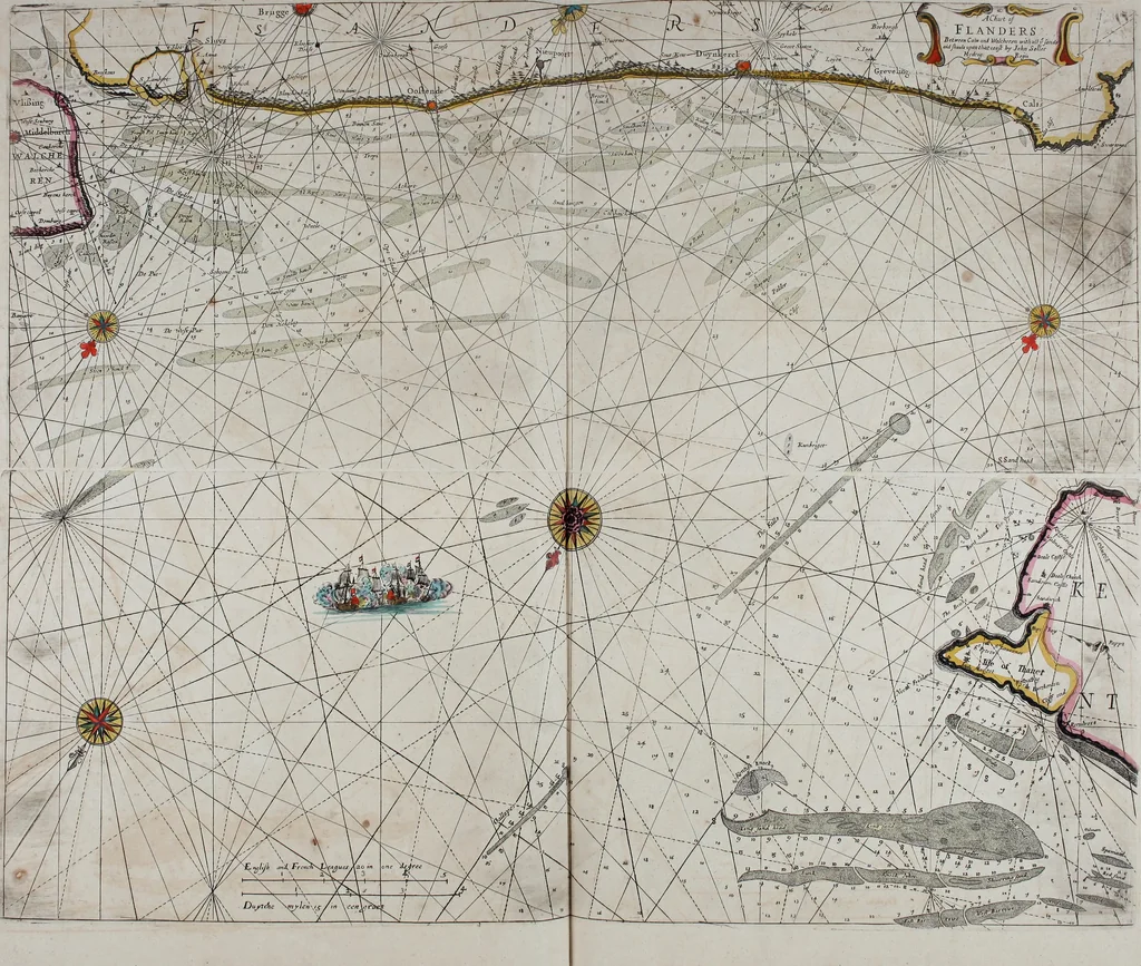 An illustration from Atlas maritimus, or A book of charts : Describeing the sea coasts capes headlands sands shoals rocks and dangers the bayes roads harbors rivers and ports, in most of the knowne parts of the world. With the true courses and distances, from one place to another : Gathered from the latest and best discoveryes, that have bin made by divers able and experienced navigators of our English nation : Accomodated with an hydrographicall description of the whole world, 1672, leaf 40