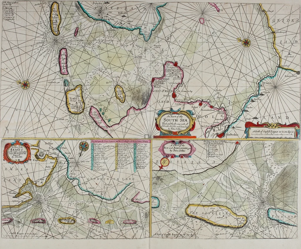 An illustration from Atlas maritimus, or A book of charts : Describeing the sea coasts capes headlands sands shoals rocks and dangers the bayes roads harbors rivers and ports, in most of the knowne parts of the world. With the true courses and distances, from one place to another : Gathered from the latest and best discoveryes, that have bin made by divers able and experienced navigators of our English nation : Accomodated with an hydrographicall description of the whole world, 1672, leaf 42