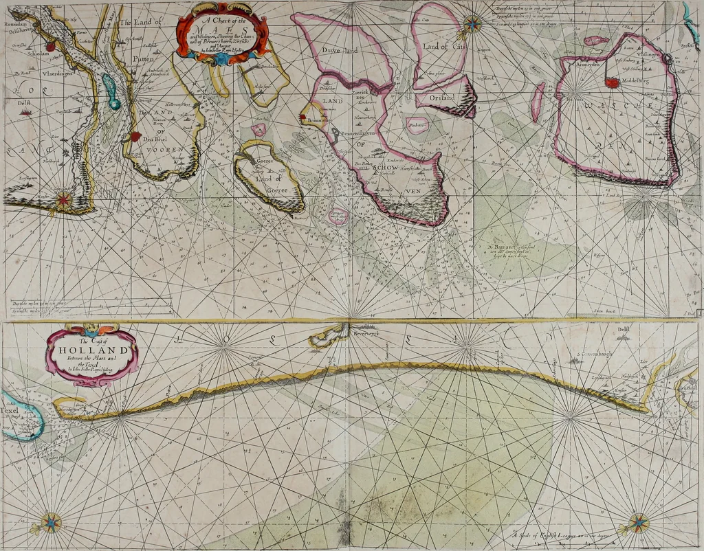 An illustration from Atlas maritimus, or A book of charts : Describeing the sea coasts capes headlands sands shoals rocks and dangers the bayes roads harbors rivers and ports, in most of the knowne parts of the world. With the true courses and distances, from one place to another : Gathered from the latest and best discoveryes, that have bin made by divers able and experienced navigators of our English nation : Accomodated with an hydrographicall description of the whole world, 1672, leaf 46