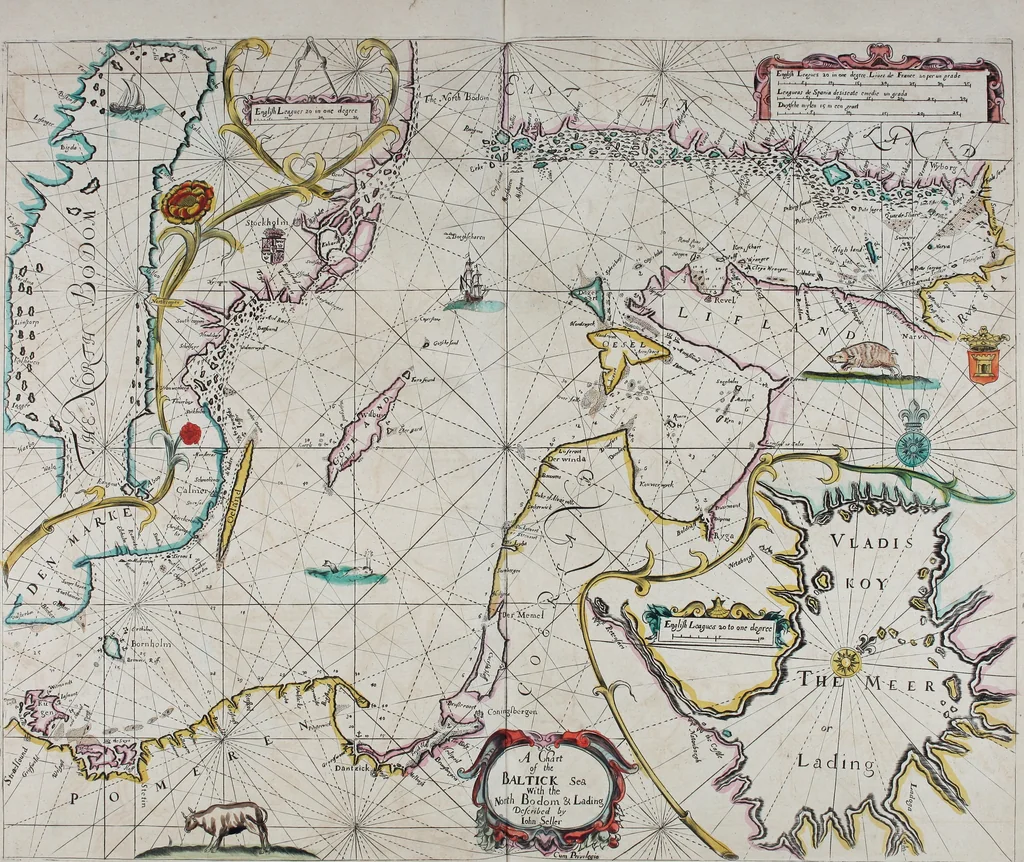 An illustration from Atlas maritimus, or A book of charts : Describeing the sea coasts capes headlands sands shoals rocks and dangers the bayes roads harbors rivers and ports, in most of the knowne parts of the world. With the true courses and distances, from one place to another : Gathered from the latest and best discoveryes, that have bin made by divers able and experienced navigators of our English nation : Accomodated with an hydrographicall description of the whole world, 1672, leaf 48