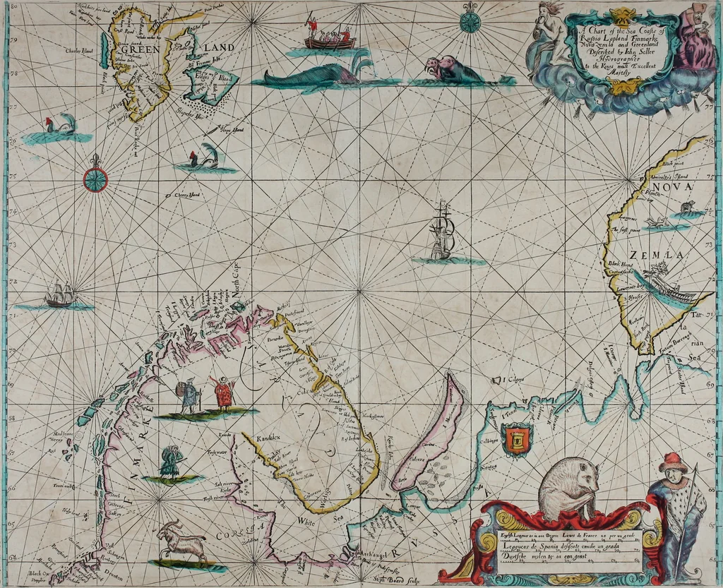 An illustration from Atlas maritimus, or A book of charts : Describeing the sea coasts capes headlands sands shoals rocks and dangers the bayes roads harbors rivers and ports, in most of the knowne parts of the world. With the true courses and distances, from one place to another : Gathered from the latest and best discoveryes, that have bin made by divers able and experienced navigators of our English nation : Accomodated with an hydrographicall description of the whole world, 1672, leaf 50