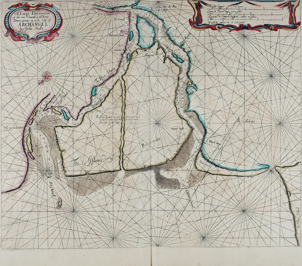 An illustration from Atlas maritimus, or A book of charts : Describeing the sea coasts capes headlands sands shoals rocks and dangers the bayes roads harbors rivers and ports, in most of the knowne parts of the world. With the true courses and distances, from one place to another : Gathered from the latest and best discoveryes, that have bin made by divers able and experienced navigators of our English nation : Accomodated with an hydrographicall description of the whole world, 1672, leaf 52