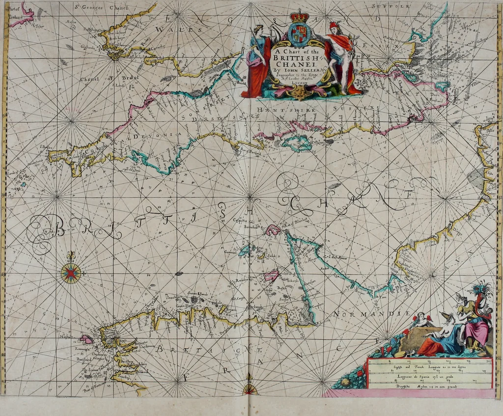 An illustration from Atlas maritimus, or A book of charts : Describeing the sea coasts capes headlands sands shoals rocks and dangers the bayes roads harbors rivers and ports, in most of the knowne parts of the world. With the true courses and distances, from one place to another : Gathered from the latest and best discoveryes, that have bin made by divers able and experienced navigators of our English nation : Accomodated with an hydrographicall description of the whole world, 1672, leaf 56