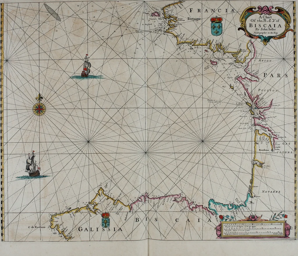 An illustration from Atlas maritimus, or A book of charts : Describeing the sea coasts capes headlands sands shoals rocks and dangers the bayes roads harbors rivers and ports, in most of the knowne parts of the world. With the true courses and distances, from one place to another : Gathered from the latest and best discoveryes, that have bin made by divers able and experienced navigators of our English nation : Accomodated with an hydrographicall description of the whole world, 1672, leaf 58