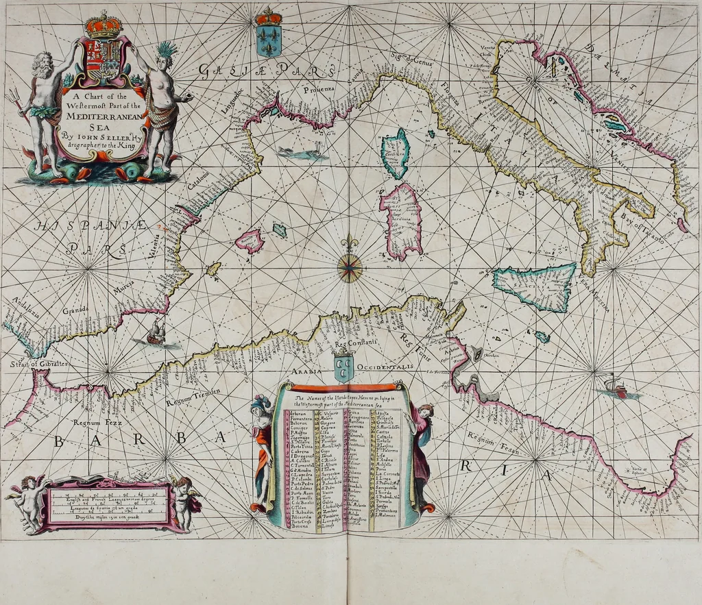 An illustration from Atlas maritimus, or A book of charts : Describeing the sea coasts capes headlands sands shoals rocks and dangers the bayes roads harbors rivers and ports, in most of the knowne parts of the world. With the true courses and distances, from one place to another : Gathered from the latest and best discoveryes, that have bin made by divers able and experienced navigators of our English nation : Accomodated with an hydrographicall description of the whole world, 1672, leaf 62
