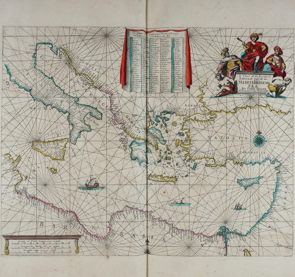 An illustration from Atlas maritimus, or A book of charts : Describeing the sea coasts capes headlands sands shoals rocks and dangers the bayes roads harbors rivers and ports, in most of the knowne parts of the world. With the true courses and distances, from one place to another : Gathered from the latest and best discoveryes, that have bin made by divers able and experienced navigators of our English nation : Accomodated with an hydrographicall description of the whole world, 1672, leaf 64