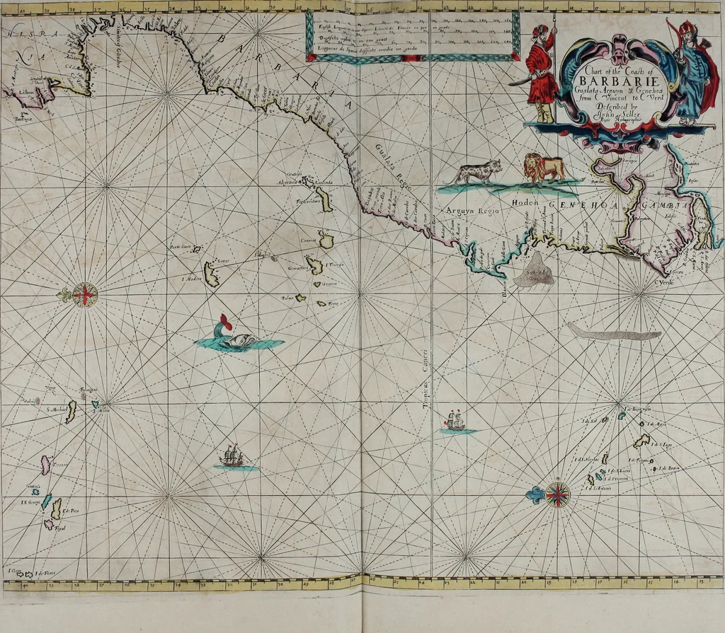 An illustration from Atlas maritimus, or A book of charts : Describeing the sea coasts capes headlands sands shoals rocks and dangers the bayes roads harbors rivers and ports, in most of the knowne parts of the world. With the true courses and distances, from one place to another : Gathered from the latest and best discoveryes, that have bin made by divers able and experienced navigators of our English nation : Accomodated with an hydrographicall description of the whole world, 1672, leaf 66