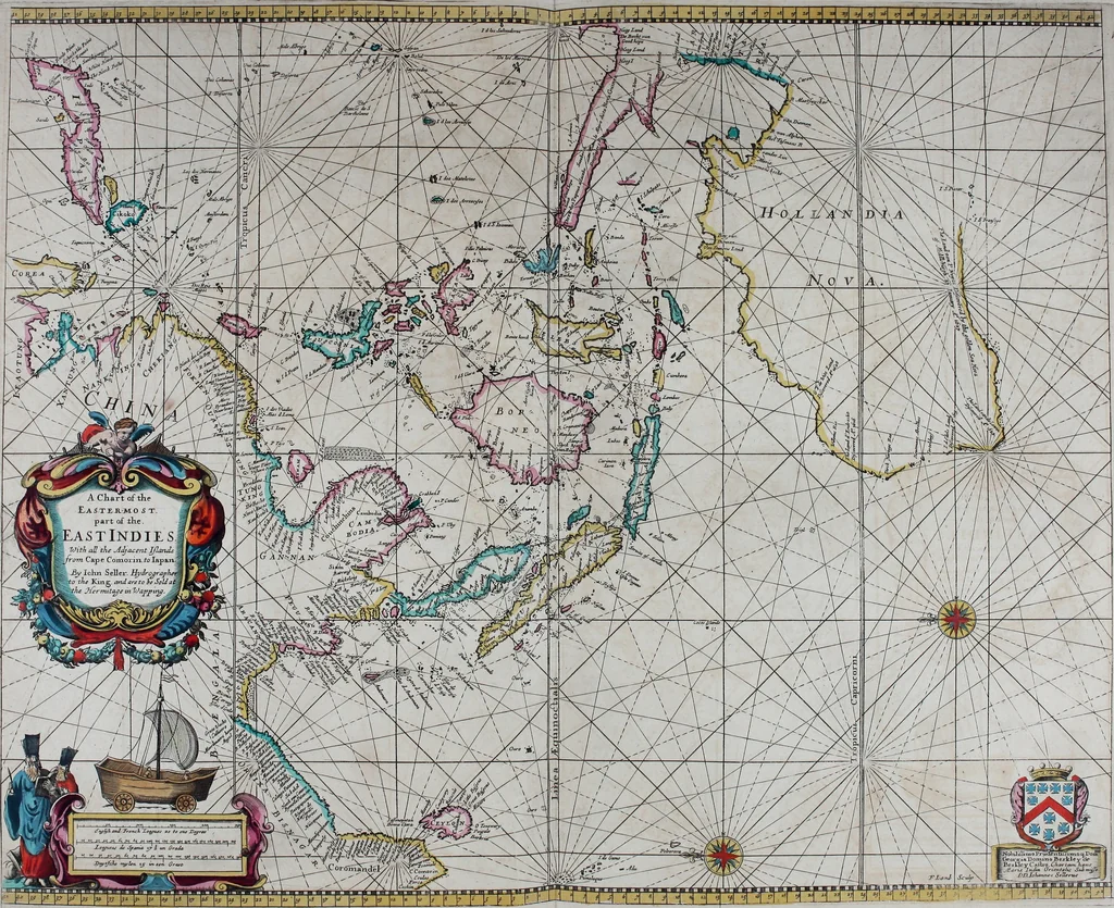 An illustration from Atlas maritimus, or A book of charts : Describeing the sea coasts capes headlands sands shoals rocks and dangers the bayes roads harbors rivers and ports, in most of the knowne parts of the world. With the true courses and distances, from one place to another : Gathered from the latest and best discoveryes, that have bin made by divers able and experienced navigators of our English nation : Accomodated with an hydrographicall description of the whole world, 1672, leaf 72