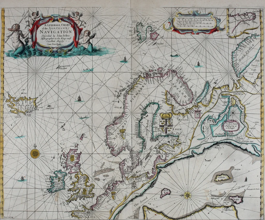 An illustration from Atlas maritimus, or A book of charts : Describeing the sea coasts capes headlands sands shoals rocks and dangers the bayes roads harbors rivers and ports, in most of the knowne parts of the world. With the true courses and distances, from one place to another : Gathered from the latest and best discoveryes, that have bin made by divers able and experienced navigators of our English nation : Accomodated with an hydrographicall description of the whole world, 1672, leaf 74