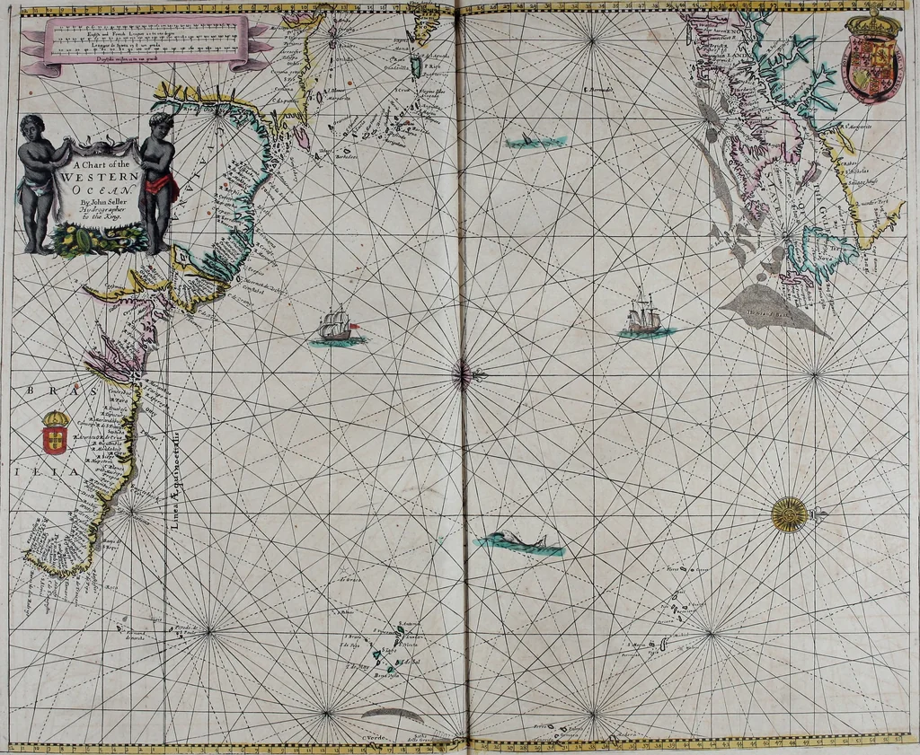 An illustration from Atlas maritimus, or A book of charts : Describeing the sea coasts capes headlands sands shoals rocks and dangers the bayes roads harbors rivers and ports, in most of the knowne parts of the world. With the true courses and distances, from one place to another : Gathered from the latest and best discoveryes, that have bin made by divers able and experienced navigators of our English nation : Accomodated with an hydrographicall description of the whole world, 1672, leaf 80