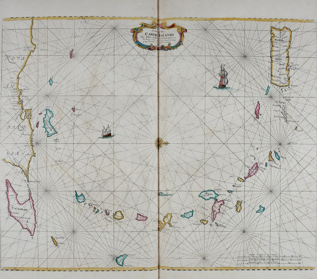 An illustration from Atlas maritimus, or A book of charts : Describeing the sea coasts capes headlands sands shoals rocks and dangers the bayes roads harbors rivers and ports, in most of the knowne parts of the world. With the true courses and distances, from one place to another : Gathered from the latest and best discoveryes, that have bin made by divers able and experienced navigators of our English nation : Accomodated with an hydrographicall description of the whole world, 1672, leaf 84