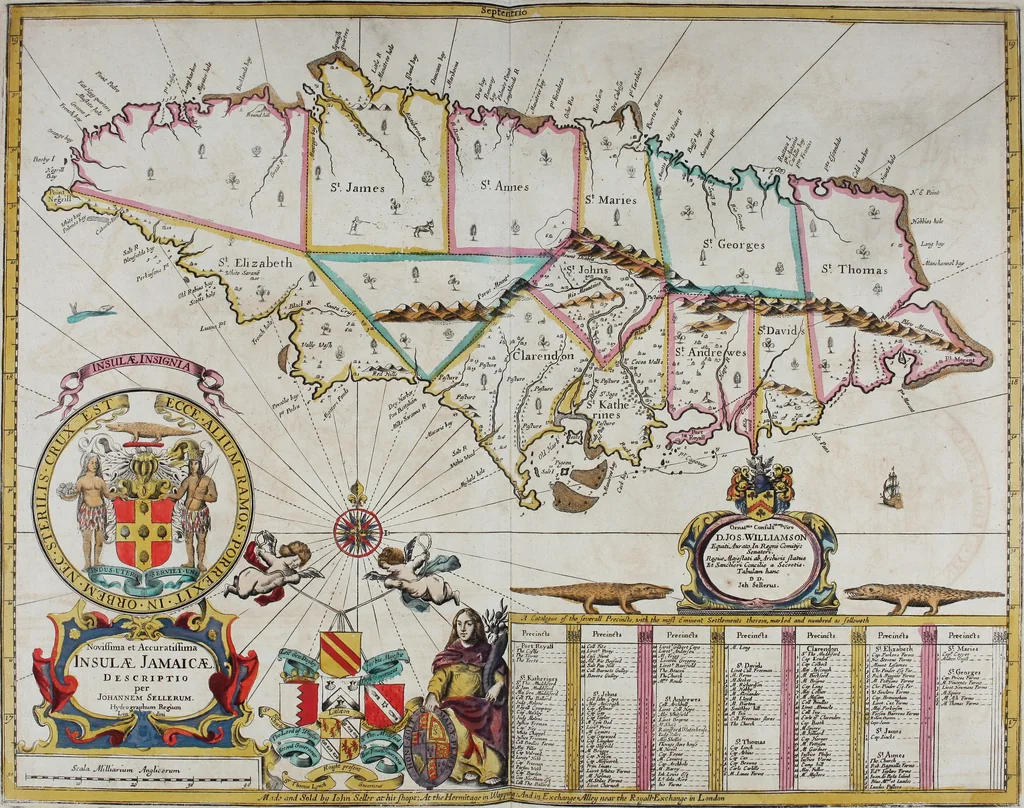An illustration from Atlas maritimus, or A book of charts : Describeing the sea coasts capes headlands sands shoals rocks and dangers the bayes roads harbors rivers and ports, in most of the knowne parts of the world. With the true courses and distances, from one place to another : Gathered from the latest and best discoveryes, that have bin made by divers able and experienced navigators of our English nation : Accomodated with an hydrographicall description of the whole world, 1672, leaf 90