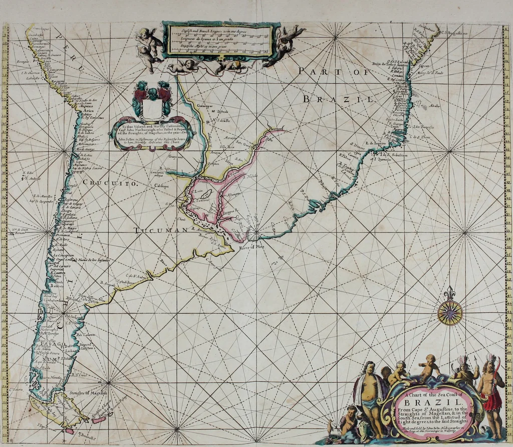 An illustration from Atlas maritimus, or A book of charts : Describeing the sea coasts capes headlands sands shoals rocks and dangers the bayes roads harbors rivers and ports, in most of the knowne parts of the world. With the true courses and distances, from one place to another : Gathered from the latest and best discoveryes, that have bin made by divers able and experienced navigators of our English nation : Accomodated with an hydrographicall description of the whole world, 1672, leaf 92