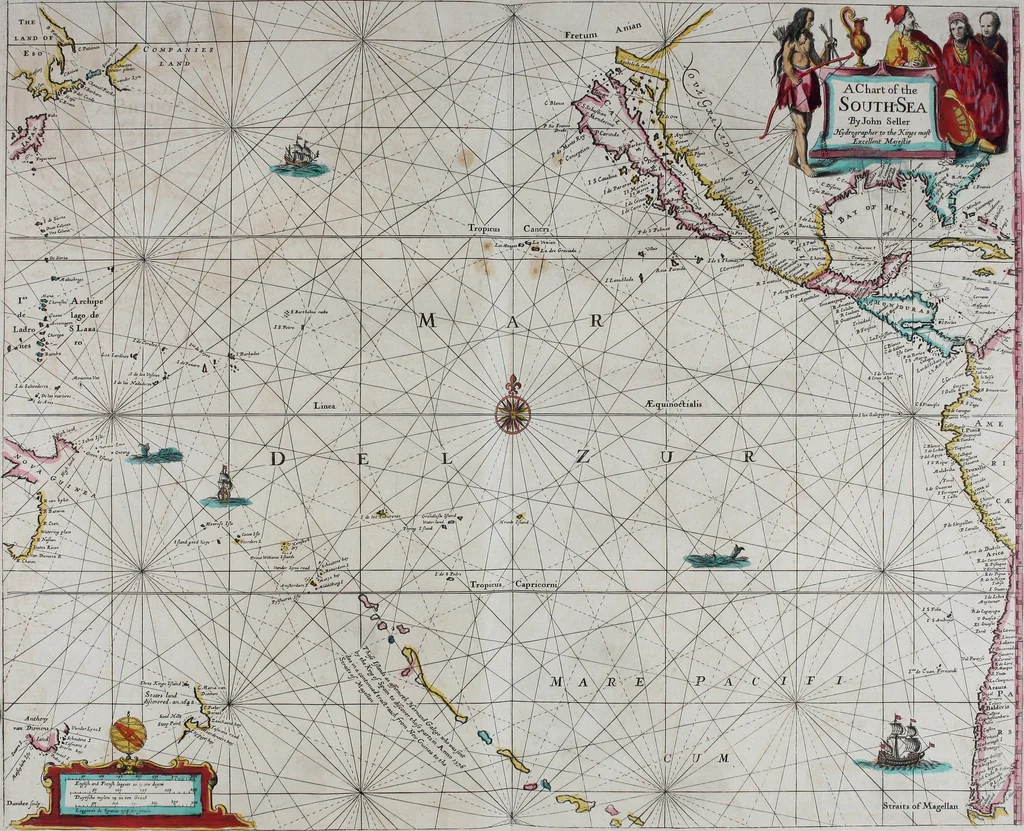 An illustration from Atlas maritimus, or A book of charts : Describeing the sea coasts capes headlands sands shoals rocks and dangers the bayes roads harbors rivers and ports, in most of the knowne parts of the world. With the true courses and distances, from one place to another : Gathered from the latest and best discoveryes, that have bin made by divers able and experienced navigators of our English nation : Accomodated with an hydrographicall description of the whole world, 1672, leaf 94