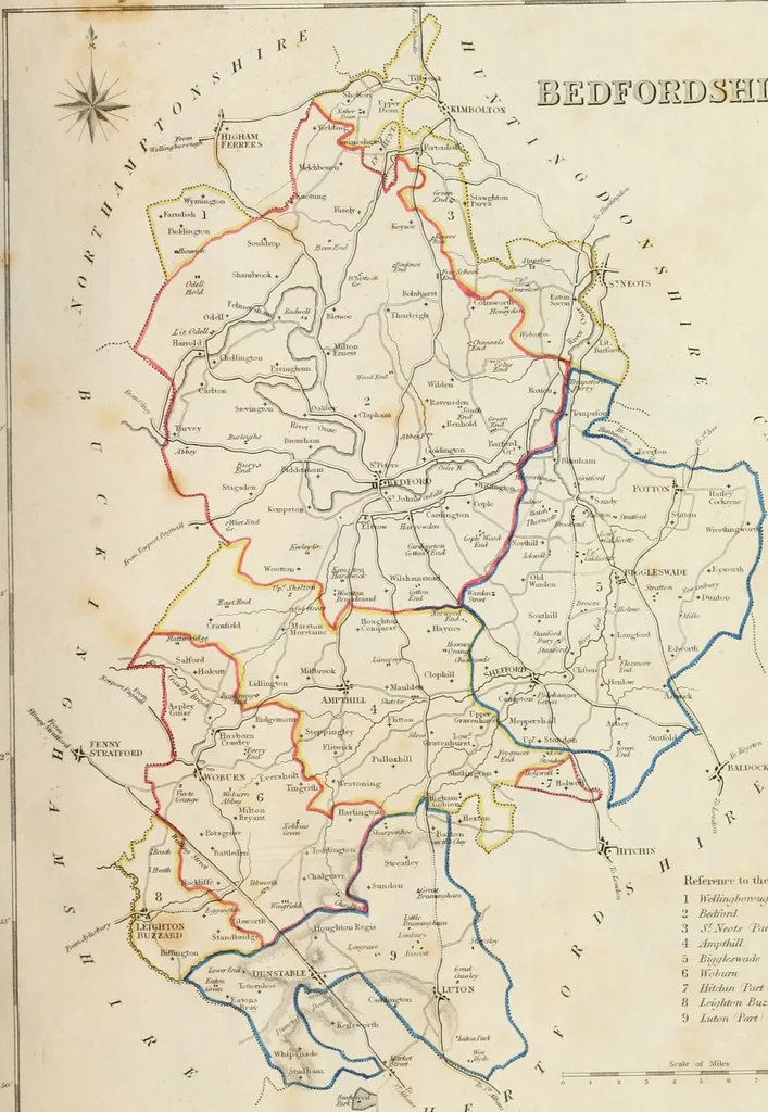 An illustration from Atlas to the Topographical Dictionary of England, comprising a general map of England, a map of London, and maps of the counties of Bedford ... and York, 1845, leaf 12