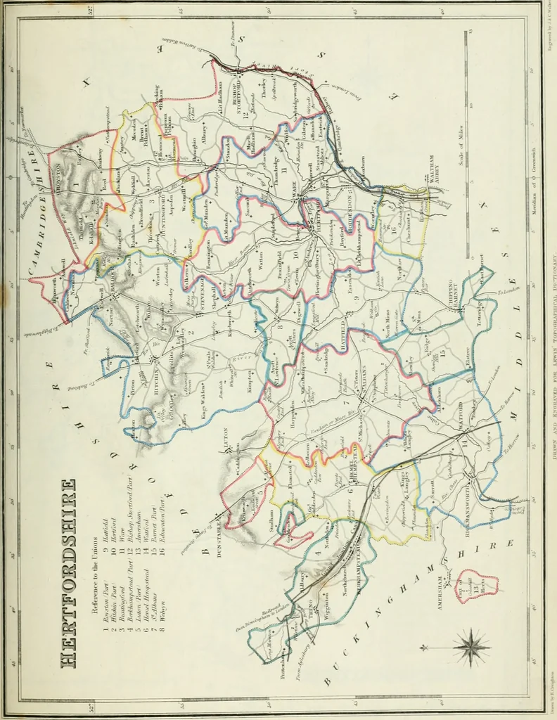An illustration from Atlas to the Topographical Dictionary of England, comprising a general map of England, a map of London, and maps of the counties of Bedford ... and York, 1845, leaf 42