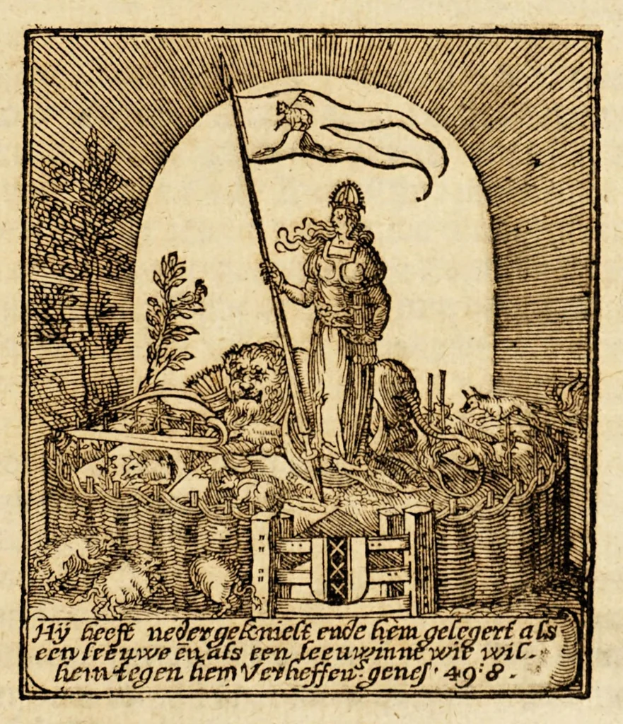 An illustration from Auctentijck verhael van't remarcquabelste is voorgevallen in Brasil, tusschen den Hollandtschen admirael Willem Cornelisz. ende de Spaensche vloot. : Midtsgaders de sententie ende executie over eenighe schippers die haren eedt in't ghevecht niet betracht hadden, 1640, leaf 7