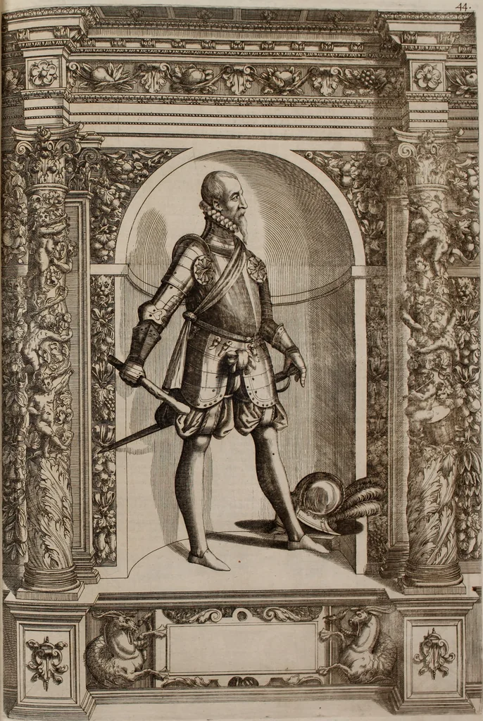 An illustration from Augustissimorum imperatorum, serenissimorum regum, atque archiducum, illustrissimorum principum, necnon comitum, baronum, nobilium, aliorumq[ue] clarissimorum virorum, qui aut ipsi cum imperio bellorum duces fuerunt, aut in iisdem præfecturis insignioribus laudabiliter functi sunt, verissimæ imagines, & rerum ab ipsis domi, forisq[ue] gestarum succinctæ descriptiones. Quorum arma, aut integra, aut horum partes, quibus induti, vsique aduersus hostem heroica facinora patrarunt, aut quorum auspiciis tàm prospera quàm aduersa fortuna res magnæ gestæ sunt, à serenissimo principe Ferdinando, archiduce Austriæ, duce Burgundiæ, comte Habspurgi & Tyrolis &c. ex omnibus ferè orbis terrarum prouinciis partim conquista, partim ab illorum hæredibus & successoribus transmissa, in celebri Ambrosianæ arcis armamentario, à sua serenitate non procul ciutate Oenipontana extructo, conspiciuntur, 1601, leaf 100