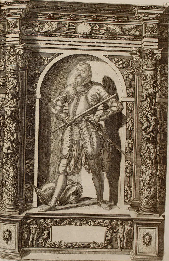 An illustration from Augustissimorum imperatorum, serenissimorum regum, atque archiducum, illustrissimorum principum, necnon comitum, baronum, nobilium, aliorumq[ue] clarissimorum virorum, qui aut ipsi cum imperio bellorum duces fuerunt, aut in iisdem præfecturis insignioribus laudabiliter functi sunt, verissimæ imagines, & rerum ab ipsis domi, forisq[ue] gestarum succinctæ descriptiones. Quorum arma, aut integra, aut horum partes, quibus induti, vsique aduersus hostem heroica facinora patrarunt, aut quorum auspiciis tàm prospera quàm aduersa fortuna res magnæ gestæ sunt, à serenissimo principe Ferdinando, archiduce Austriæ, duce Burgundiæ, comte Habspurgi & Tyrolis &c. ex omnibus ferè orbis terrarum prouinciis partim conquista, partim ab illorum hæredibus & successoribus transmissa, in celebri Ambrosianæ arcis armamentario, à sua serenitate non procul ciutate Oenipontana extructo, conspiciuntur, 1601, leaf 102