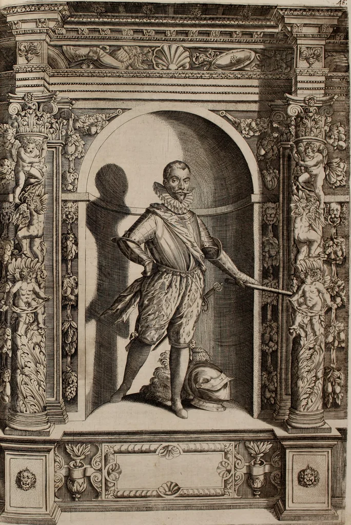 An illustration from Augustissimorum imperatorum, serenissimorum regum, atque archiducum, illustrissimorum principum, necnon comitum, baronum, nobilium, aliorumq[ue] clarissimorum virorum, qui aut ipsi cum imperio bellorum duces fuerunt, aut in iisdem præfecturis insignioribus laudabiliter functi sunt, verissimæ imagines, & rerum ab ipsis domi, forisq[ue] gestarum succinctæ descriptiones. Quorum arma, aut integra, aut horum partes, quibus induti, vsique aduersus hostem heroica facinora patrarunt, aut quorum auspiciis tàm prospera quàm aduersa fortuna res magnæ gestæ sunt, à serenissimo principe Ferdinando, archiduce Austriæ, duce Burgundiæ, comte Habspurgi & Tyrolis &c. ex omnibus ferè orbis terrarum prouinciis partim conquista, partim ab illorum hæredibus & successoribus transmissa, in celebri Ambrosianæ arcis armamentario, à sua serenitate non procul ciutate Oenipontana extructo, conspiciuntur, 1601, leaf 104