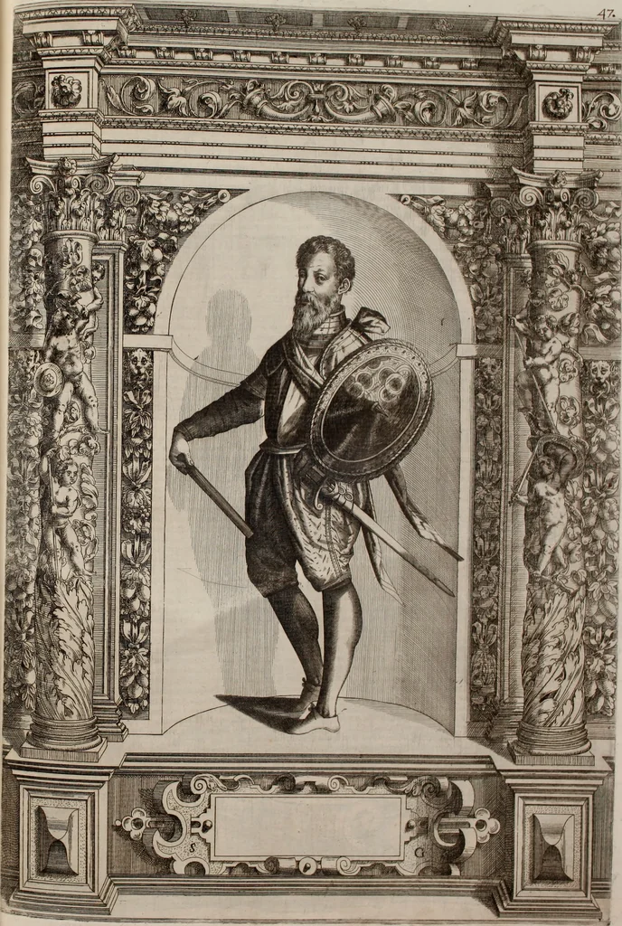 An illustration from Augustissimorum imperatorum, serenissimorum regum, atque archiducum, illustrissimorum principum, necnon comitum, baronum, nobilium, aliorumq[ue] clarissimorum virorum, qui aut ipsi cum imperio bellorum duces fuerunt, aut in iisdem præfecturis insignioribus laudabiliter functi sunt, verissimæ imagines, & rerum ab ipsis domi, forisq[ue] gestarum succinctæ descriptiones. Quorum arma, aut integra, aut horum partes, quibus induti, vsique aduersus hostem heroica facinora patrarunt, aut quorum auspiciis tàm prospera quàm aduersa fortuna res magnæ gestæ sunt, à serenissimo principe Ferdinando, archiduce Austriæ, duce Burgundiæ, comte Habspurgi & Tyrolis &c. ex omnibus ferè orbis terrarum prouinciis partim conquista, partim ab illorum hæredibus & successoribus transmissa, in celebri Ambrosianæ arcis armamentario, à sua serenitate non procul ciutate Oenipontana extructo, conspiciuntur, 1601, leaf 106
