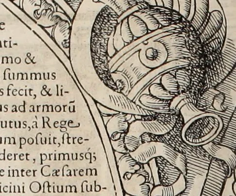 An illustration from Augustissimorum imperatorum, serenissimorum regum, atque archiducum, illustrissimorum principum, necnon comitum, baronum, nobilium, aliorumq[ue] clarissimorum virorum, qui aut ipsi cum imperio bellorum duces fuerunt, aut in iisdem præfecturis insignioribus laudabiliter functi sunt, verissimæ imagines, & rerum ab ipsis domi, forisq[ue] gestarum succinctæ descriptiones. Quorum arma, aut integra, aut horum partes, quibus induti, vsique aduersus hostem heroica facinora patrarunt, aut quorum auspiciis tàm prospera quàm aduersa fortuna res magnæ gestæ sunt, à serenissimo principe Ferdinando, archiduce Austriæ, duce Burgundiæ, comte Habspurgi & Tyrolis &c. ex omnibus ferè orbis terrarum prouinciis partim conquista, partim ab illorum hæredibus & successoribus transmissa, in celebri Ambrosianæ arcis armamentario, à sua serenitate non procul ciutate Oenipontana extructo, conspiciuntur, 1601, leaf 107