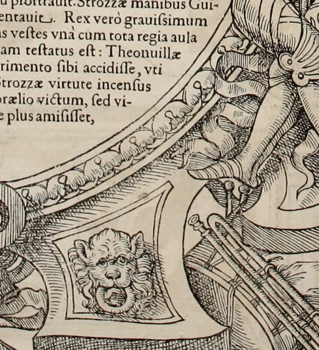 An illustration from Augustissimorum imperatorum, serenissimorum regum, atque archiducum, illustrissimorum principum, necnon comitum, baronum, nobilium, aliorumq[ue] clarissimorum virorum, qui aut ipsi cum imperio bellorum duces fuerunt, aut in iisdem præfecturis insignioribus laudabiliter functi sunt, verissimæ imagines, & rerum ab ipsis domi, forisq[ue] gestarum succinctæ descriptiones. Quorum arma, aut integra, aut horum partes, quibus induti, vsique aduersus hostem heroica facinora patrarunt, aut quorum auspiciis tàm prospera quàm aduersa fortuna res magnæ gestæ sunt, à serenissimo principe Ferdinando, archiduce Austriæ, duce Burgundiæ, comte Habspurgi & Tyrolis &c. ex omnibus ferè orbis terrarum prouinciis partim conquista, partim ab illorum hæredibus & successoribus transmissa, in celebri Ambrosianæ arcis armamentario, à sua serenitate non procul ciutate Oenipontana extructo, conspiciuntur, 1601, leaf 107